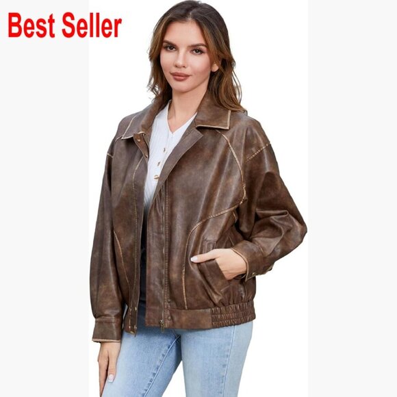 Jackets & Blazers - Faux Leather Jacket Loose Fit Moto Biker Zip Up